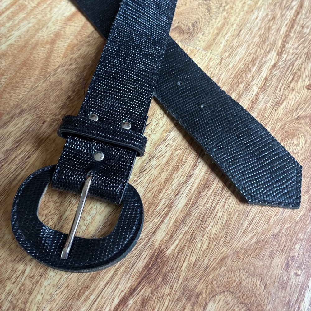 Vtg Ralph Lauren RHL Black Lizzard Snake Textured Leather Wide Statement Belt